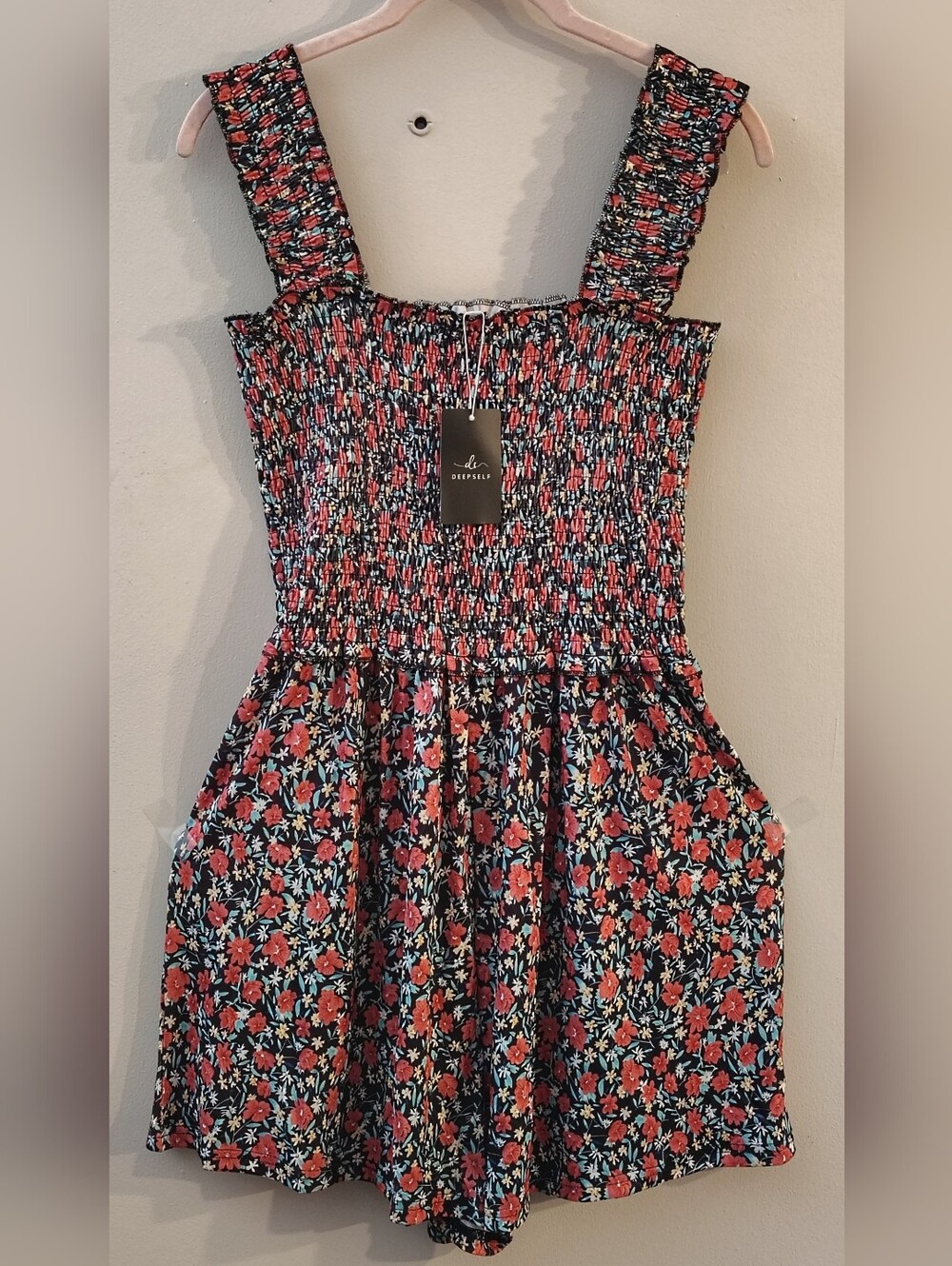 Floral Smoked Romper Dress in Black with Red Flowers